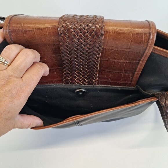 BRIGHTON Black Leather Brown Croc Emboss Braided Handle Shoulder Bag - Picture 5 of 15
